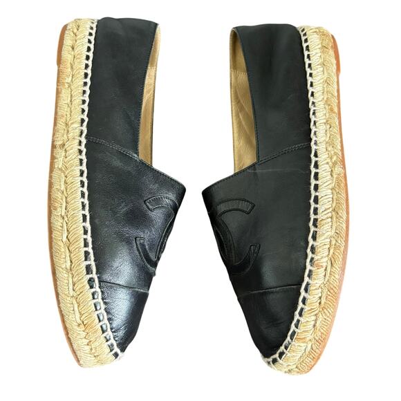 Chanel Interlocking CC Cap Toe Espadrille Shoes Black Leather Flats Size EU 38 - Picture 10 of 16